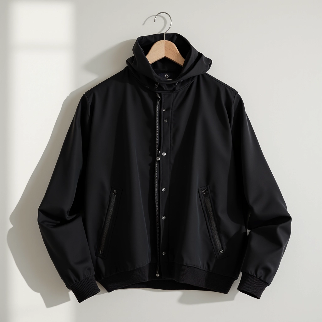 Neatly folded black cotton jacket laid flat, showing fabric drape and color uniformity, soft natural lighting highlighting texture