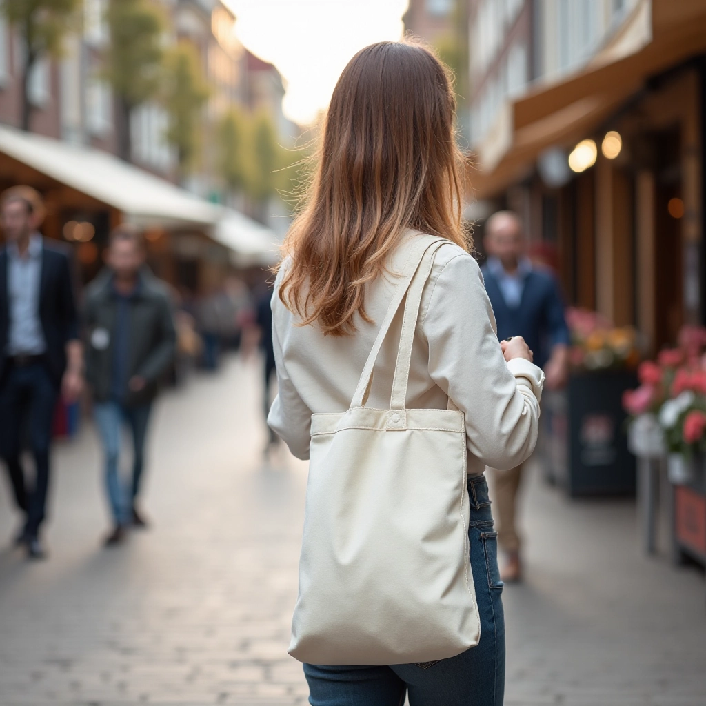 Lifestyle shot of cream canvas tote being carried over shoulder on person walking through Amsterdam street market, natural daylight