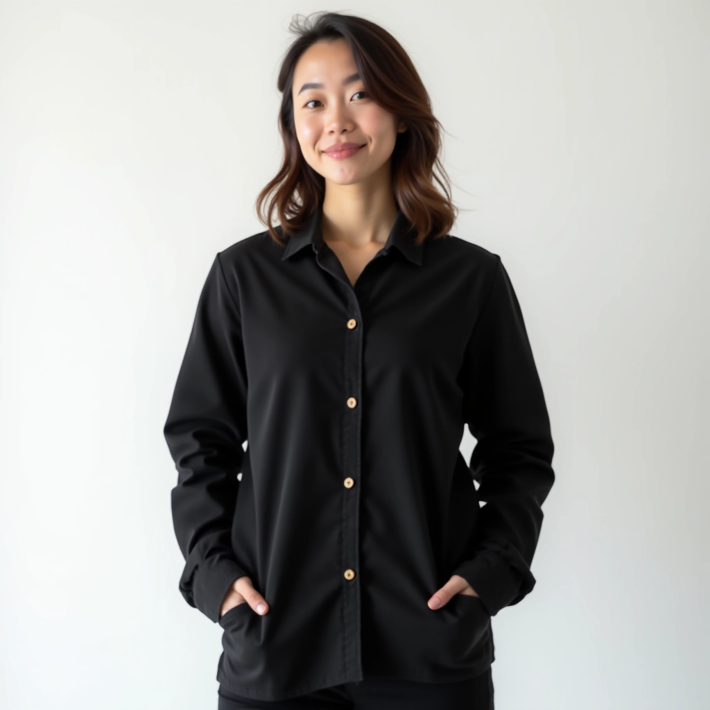Structured cotton jacket worn on model, showing tailored fit through the shoulders and waist, wooden button details, and how the hem sits at hip length for flattering proportions