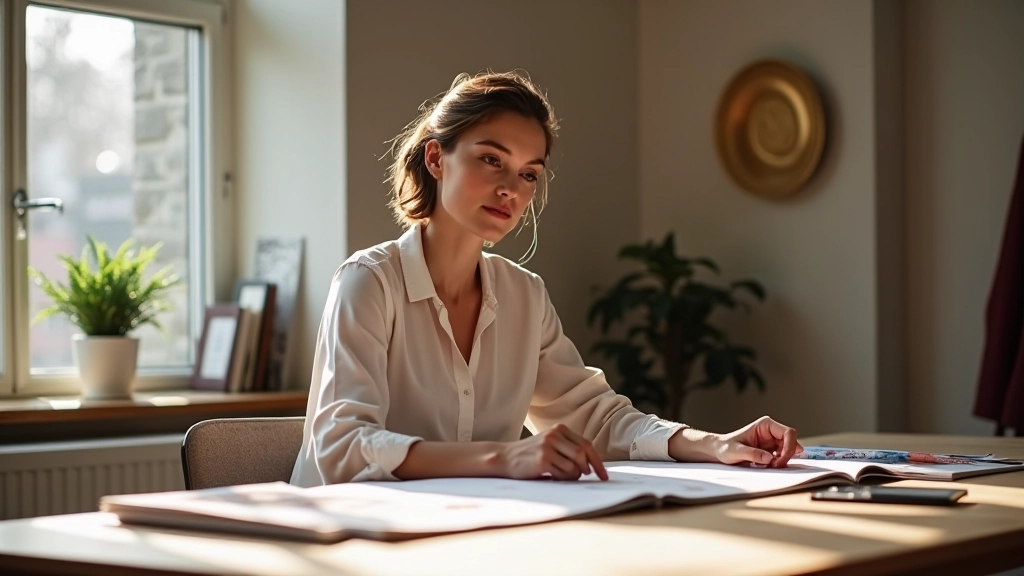 Marieke at her workspace with fabric swatches, style guides, and fashion references spread across wooden desk, natural morning light from window